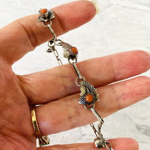 Delicate Feather Link Coral Cabochon Links Sterling Silver Bracelet Southwestern - Picture 3 of 4